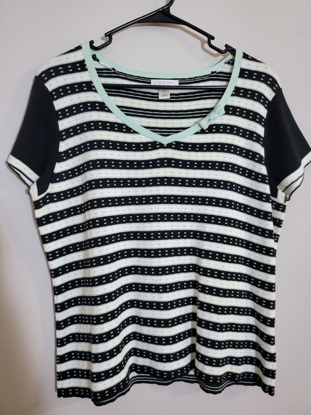 Christopher & Banks Black & White Striped V-Neck Short Sleeve Top